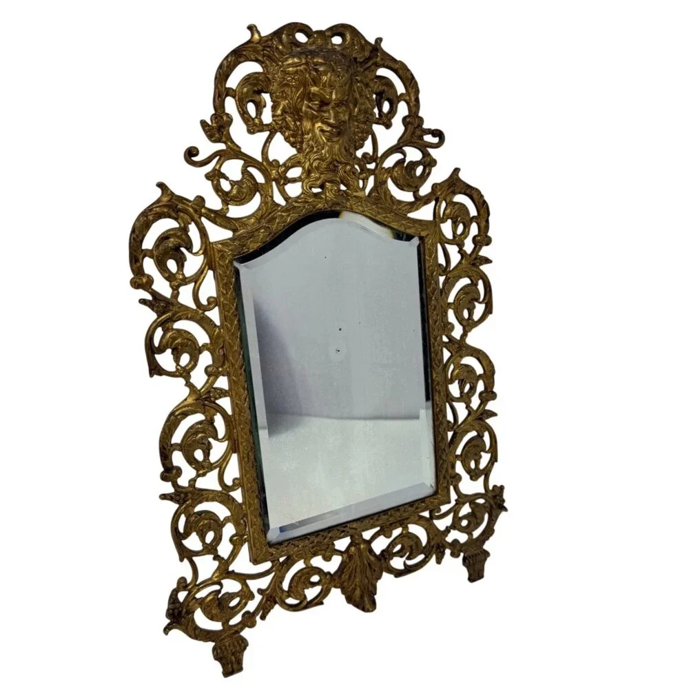 1800s Antique Victorian Bacchus Gilded Brass Wall Mirror Beveled Glass